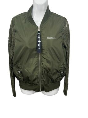 bebe Sporty Lace Bomber Jacket Green Utility Lightweight Coat Size Medium